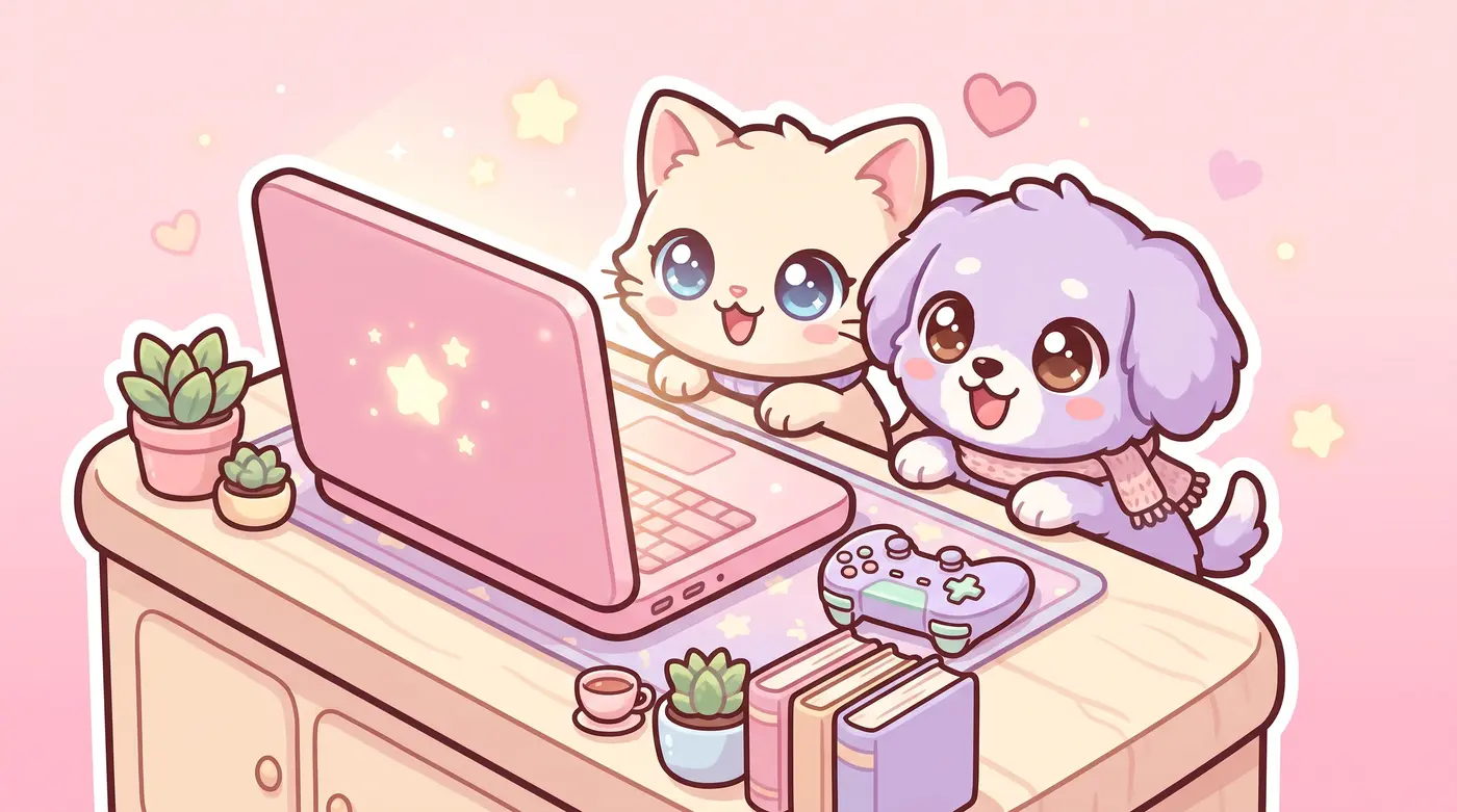 Uma gatinha e um cachorrinho fofos na frente de um laptop rosa
